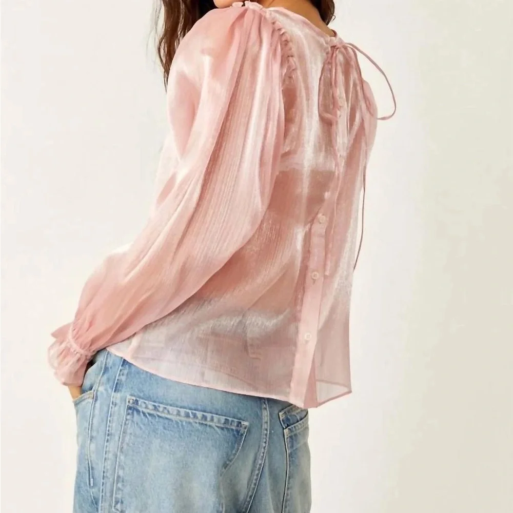 Free People Freya frost top Sheer Blush Pink Long-Sleeve Peasant Top - Picture 4 of 11